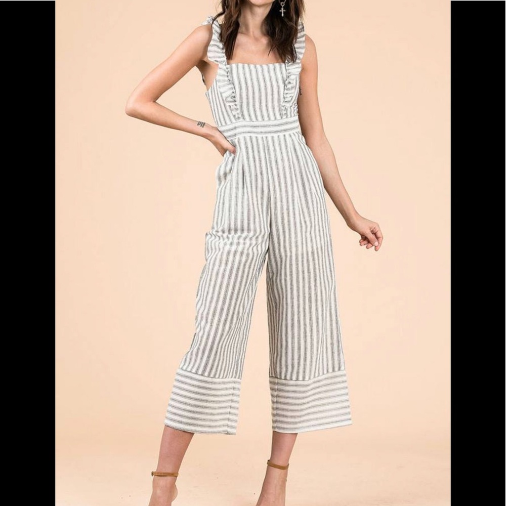 Grey and White Striped Ruffle Sleeve Long Romper